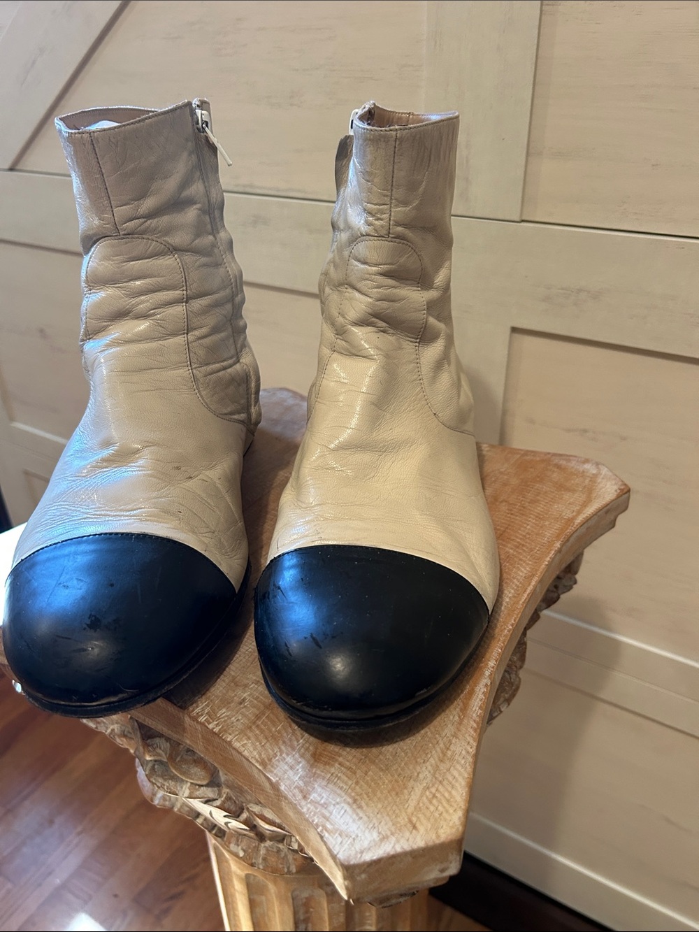 Leather Two-Tone Cap-Toe Ankle Boots in Cream and Black